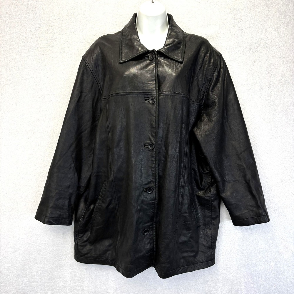 Vintage 90s‎ Atelier B. Thomas Leather Jacket Womens 1X Black Overcoat Relaxed